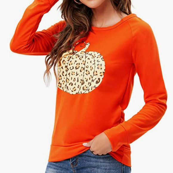 NWT Fleece Lined Cheetah Print Pumpkin Fall Halloween Jumper Pullover Sweater - Picture 2 of 4
